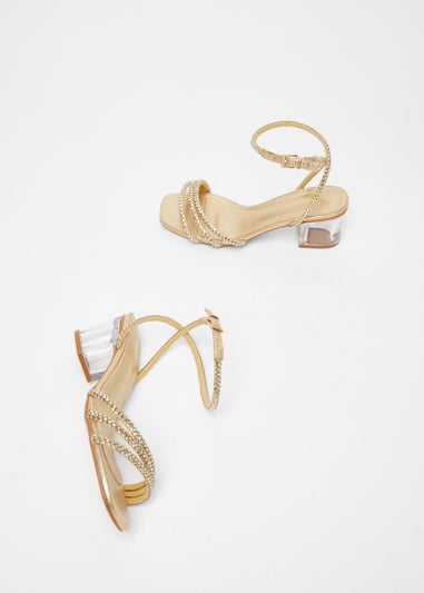 Quiz Gold Wide Fit Diamante Low Heeled Sandal