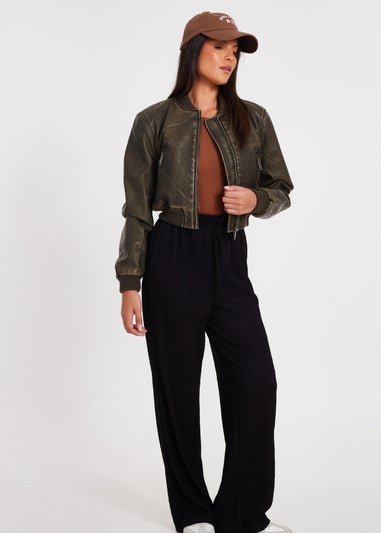 Quiz Khaki Faux Leather Bomber Jacket