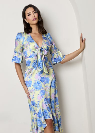 Chi Chi London Yellow Short Sleeve Tie Front Floral Midi Dress
