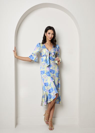 Chi Chi London Yellow Short Sleeve Tie Front Floral Midi Dress