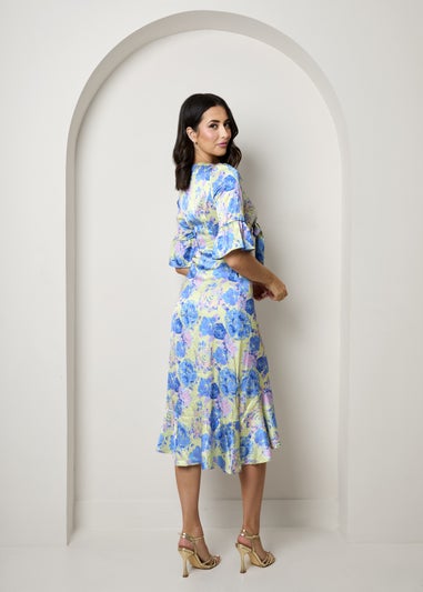 Chi Chi London Yellow Short Sleeve Tie Front Floral Midi Dress