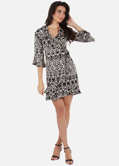 Gini London Black Frill Detailed Bell Sleeves Mini Wrap Dress