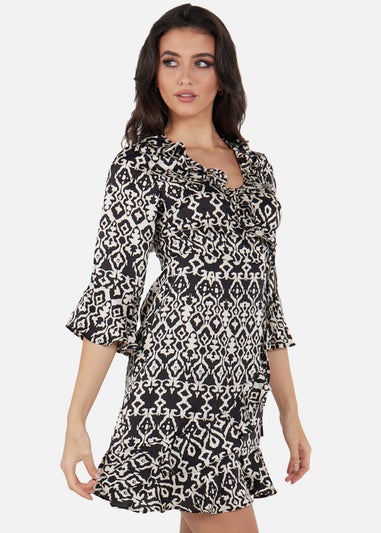 Gini London Black Frill Detailed Bell Sleeves Mini Wrap Dress