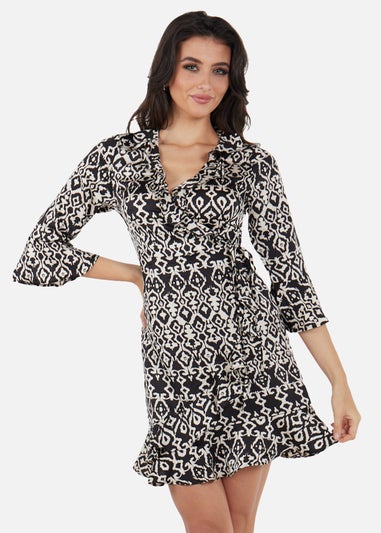 Gini London Black Frill Detailed Bell Sleeves Mini Wrap Dress