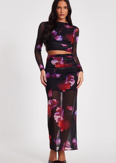 Quiz Black Floral Mesh Maxi Skirt