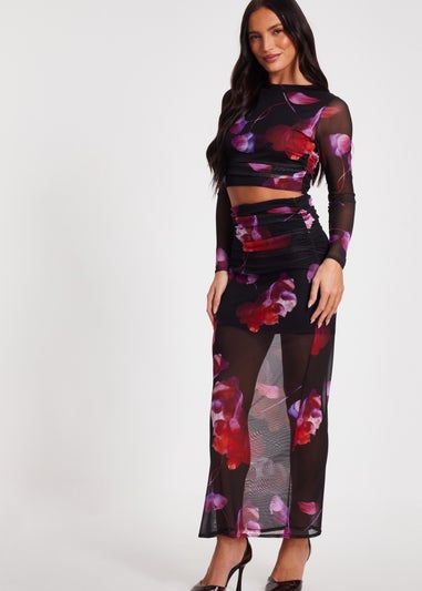 Quiz Black Floral Mesh Crop Top