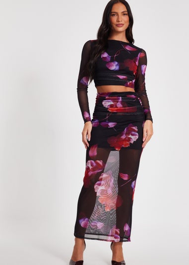 Quiz Black Floral Mesh Crop Top