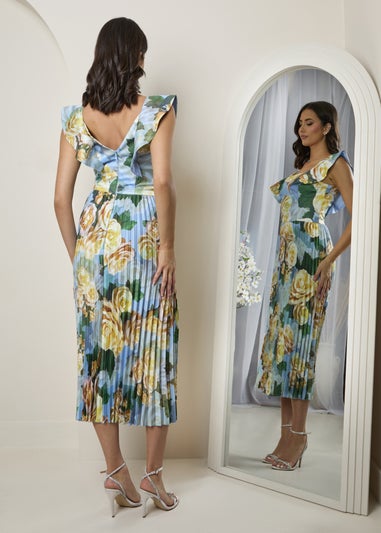 Chi Chi London Blue Floral Print Ruffle Pleated Midi Dress