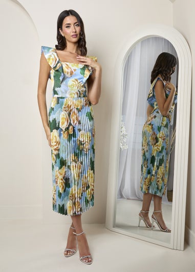 Chi Chi London Blue Floral Print Ruffle Pleated Midi Dress