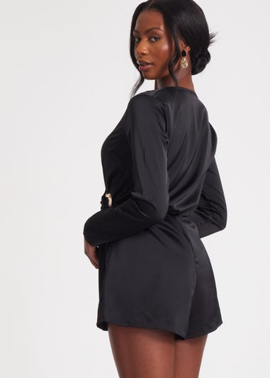 Quiz Black Satin Wrap Playsuit