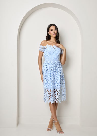 Chi Chi London Blue Bardot Lace Midi Crochet Dress