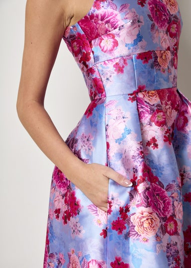 Chi Chi London Blue Sleeveless Floral Fit and Flare Midi Dress