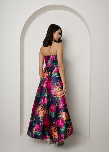 Chi Chi London Navy Bandeau Sweetheart Floral Wrap Detail Dip Hem Dress