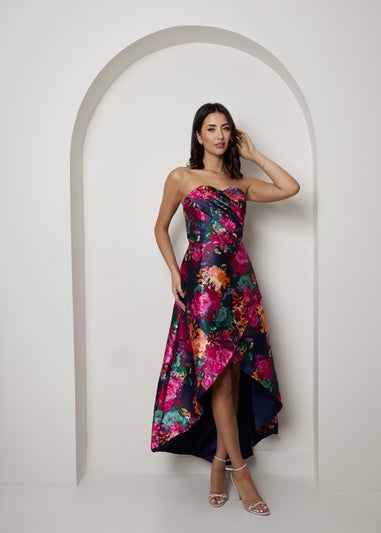 Chi Chi London Navy Bandeau Sweetheart Floral Wrap Detail Dip Hem Dress
