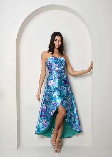 Chi Chi London Blue Bandeau Sweetheart Floral Wrap Detail Dip Hem Dress