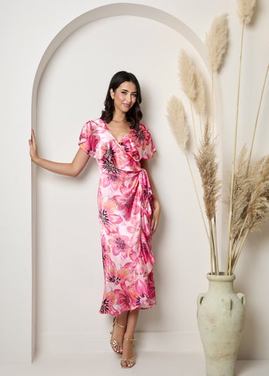 Chi Chi London Pink Plus Size Flutter Sleeve Satin Wrap Dress