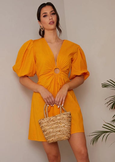 Chi Chi London Orange Ring Front Puff Sleeve Mini Dress