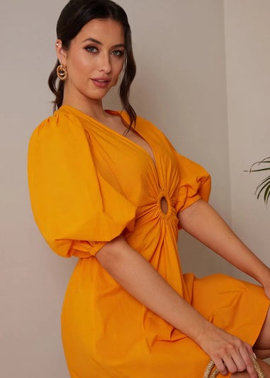 Chi Chi London Orange Ring Front Puff Sleeve Mini Dress