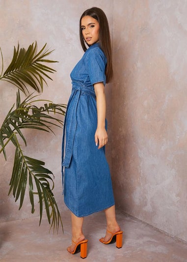 Chi Chi London Blue Short Sleeve Denim Wrap Midi Dress