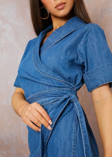Chi Chi London Blue Short Sleeve Denim Wrap Midi Dress