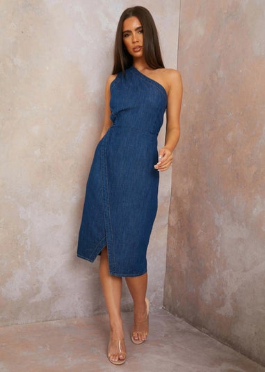 Chi Chi London Blue One Shoulder Cut Out Detail Denim Midi Dress
