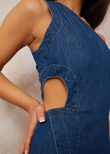 Chi Chi London Blue One Shoulder Cut Out Detail Denim Midi Dress
