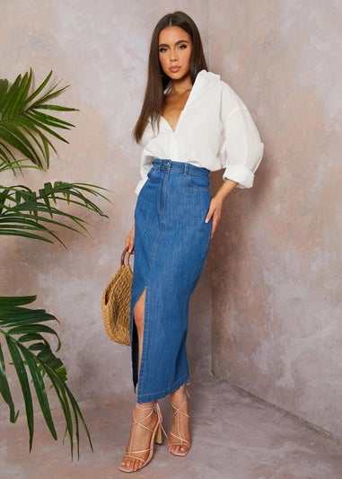 Chi Chi London Blue Split Hem Demin Maxi Skirt