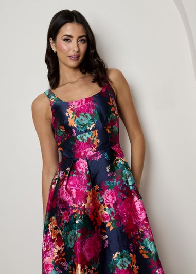 Chi Chi London Navy Plus Size Sleeveless Floral Fit and Flare Midi Dress