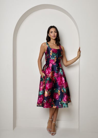 Chi Chi London Navy Plus Size Sleeveless Floral Fit and Flare Midi Dress