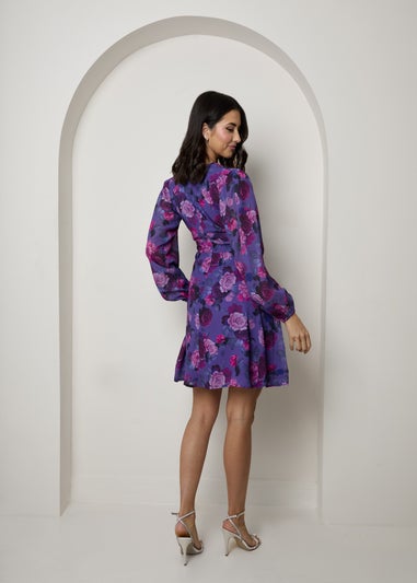 Chi Chi London Purple Plus Size V Neck Floral Printed Chiffon Dress