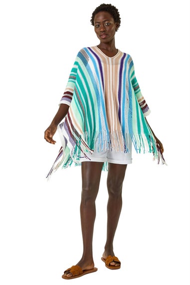 Roman Aqua Multi Stripe Knit Poncho