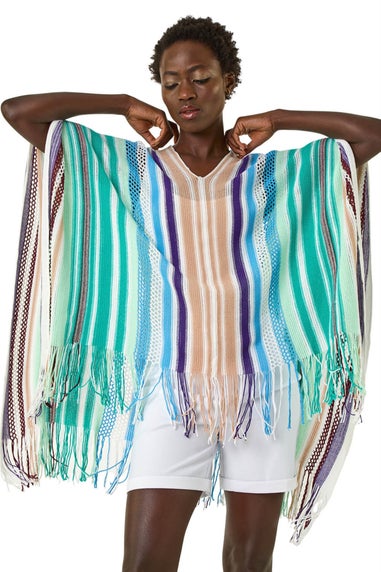 Roman Aqua Multi Stripe Knit Poncho