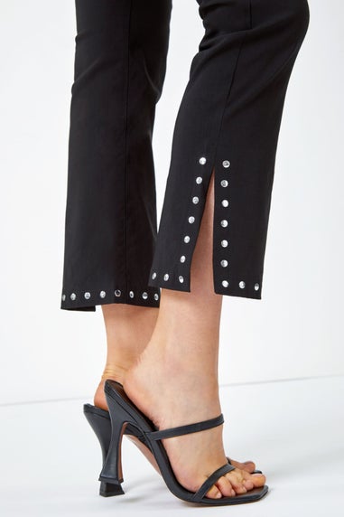Roman Black Elastic Waist Stud Detail Cropped Trouser