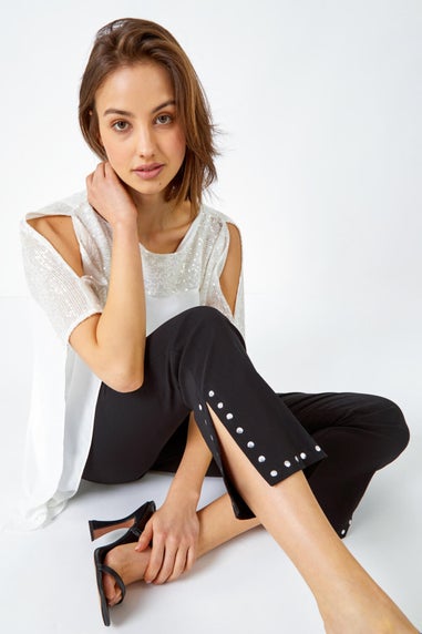 Roman Black Elastic Waist Stud Detail Cropped Trouser