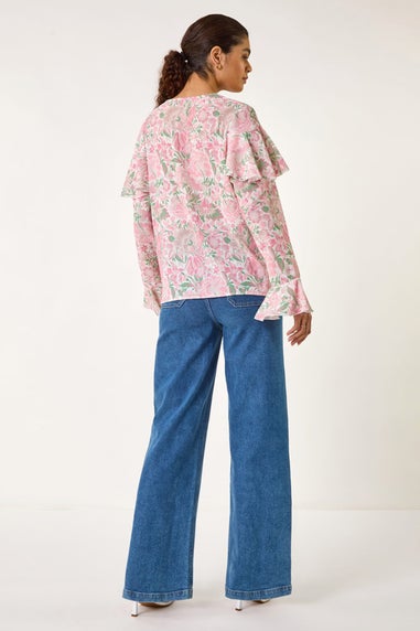 Roman Pink Floral Print Tie Front Top