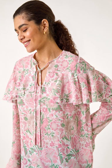 Roman Pink Floral Print Tie Front Top
