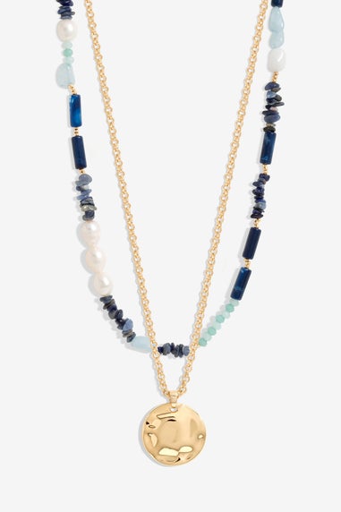 Mood Gold Blue Bead & Molten Disc Layered Necklace Pack Of 2