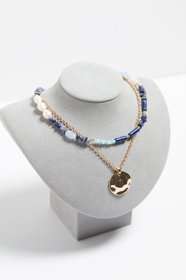 Mood Gold Blue Bead & Molten Disc Layered Necklace Pack Of 2