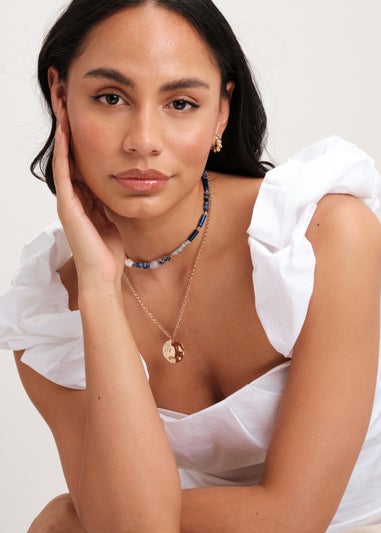 Mood Gold Blue Bead & Molten Disc Layered Necklace Pack Of 2