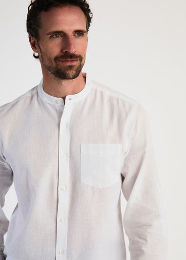 Tokyo Laundry White Linen Blend Button Up Shirt With Grandad Collar