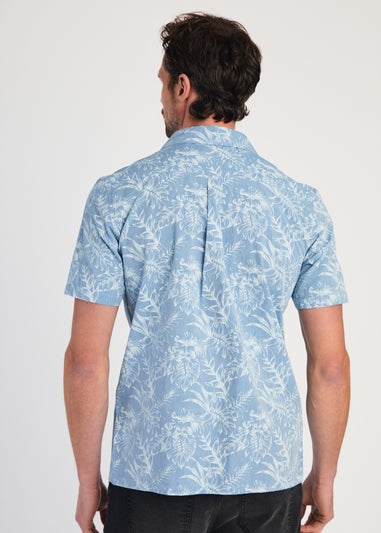 Tokyo Laundry Blue Cotton Printed Chambray Short Sleeve Shirt