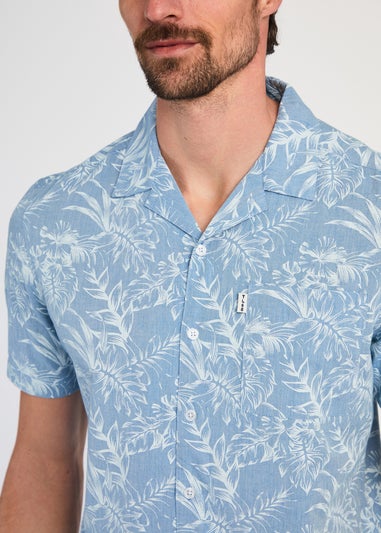 Tokyo Laundry Blue Cotton Printed Chambray Short Sleeve Shirt