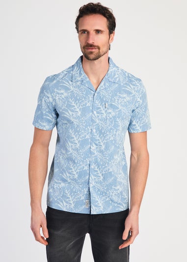 Tokyo Laundry Blue Cotton Printed Chambray Short Sleeve Shirt