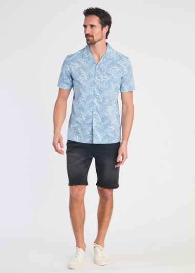 Tokyo Laundry Blue Cotton Printed Chambray Short Sleeve Shirt
