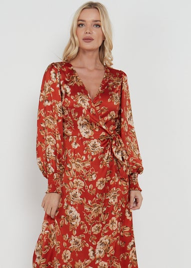 Gini London Red Floral Printed Tie Waist Wrap Midi Dress