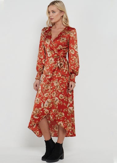 Gini London Red Floral Printed Tie Waist Wrap Midi Dress