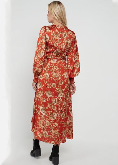 Gini London Red Floral Printed Tie Waist Wrap Midi Dress