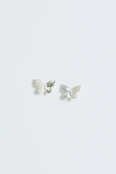 Simply Silver Sterling Silver 925 Polished & Pave Butterfly Stud Earrings
