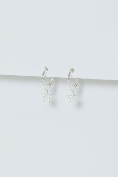Simply Silver Sterling Silver 925 Pave Star Huggie Hoop Earrings