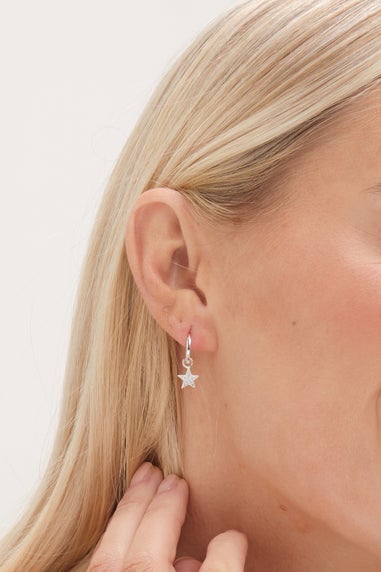 Simply Silver Sterling Silver 925 Pave Star Huggie Hoop Earrings